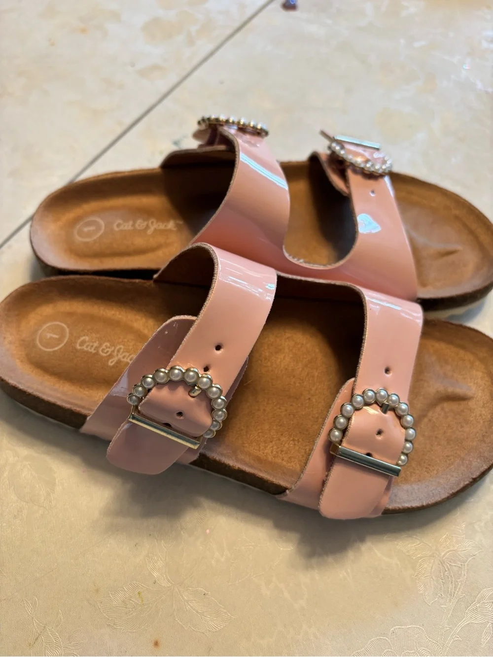 Cat & Jack Pink Patent Double-Buckle Pearl-Accent Slide Sandals size 1